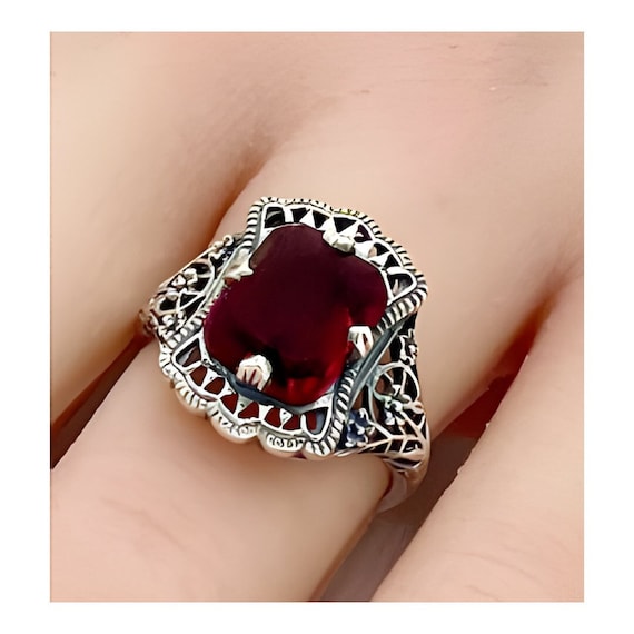 Vintage Vivid Red Sim. Ruby Ring: 925 Sterling Si… - image 3