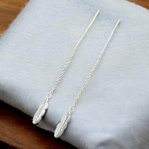 925 Sterling Silver Feather Threader Earrings: Elegant Dangle Jewelry 2091
