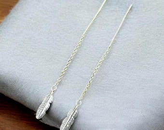 925 Sterling Silver Feather Threader Earrings: Elegant Dangle Jewelry 2091