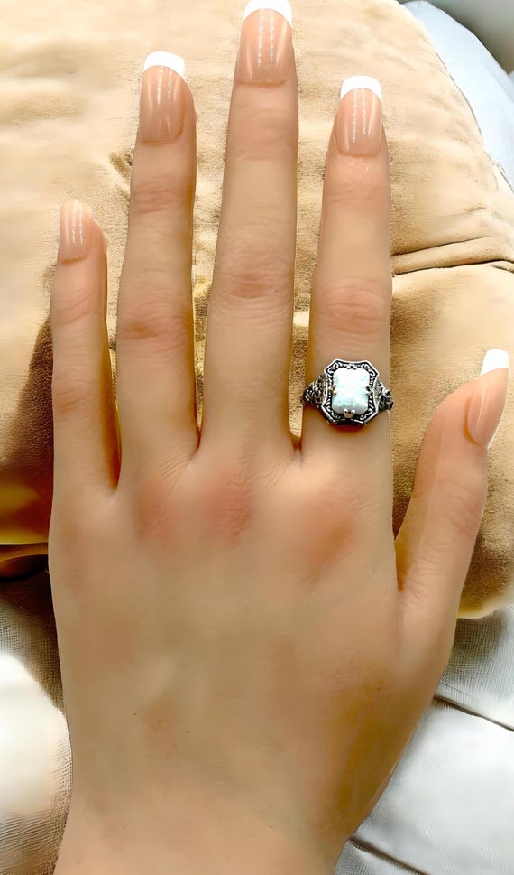 Vintage 925 Sterling Silver Opal Filigree Ring - … - image 4