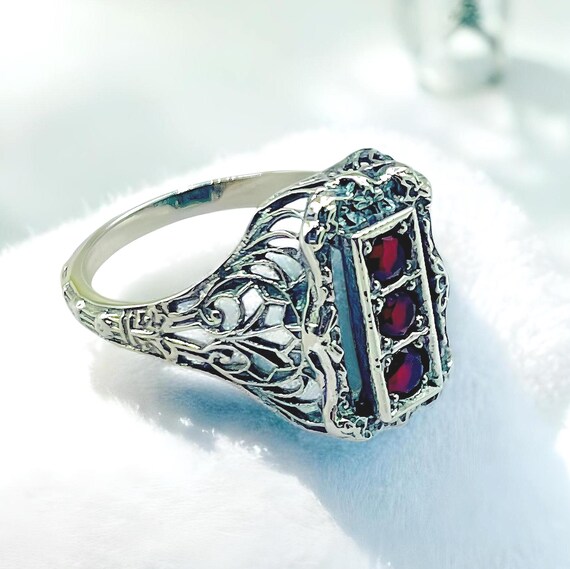Vintage Simulated Ruby Ring: 925 Sterling Silver … - image 1