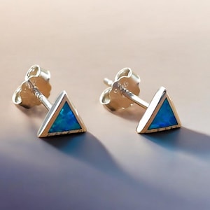 925 Sterling Silver Blue Fire Opal Triangle Earrings, Tiny Push Back Studs, Chic Jewelry for Any Occasion, Thoughtful Birthday Gift 1830