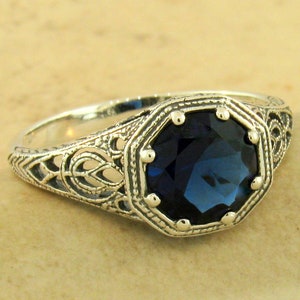 Vintage Estate 1.20 Carat Sim. Sapphire Solitaire Filigree Ring In 925 Solid Sterling Silver Antique Design       1158