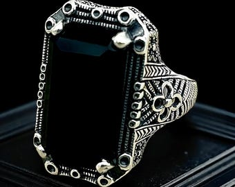 Vintage Black Agate Filigree Ring: 925 Sterling Silver Solitaire 1307
