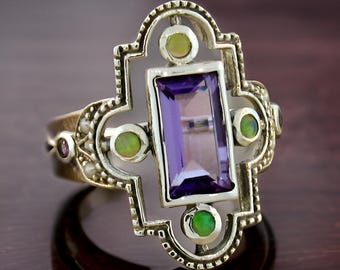 Vintage Natural Amethyst Filigree Ring: 925 Sterling Silver & Green Fire Opal Accents 516