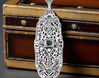 Vintage Natural Emerald Pendant: Filigree 925 Sterling Silver, Freshwater Pearl Accents 141