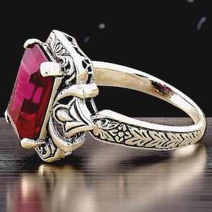 Vintage 4.50 Carat Lab Ruby Ring Filigree 925 Sterling Silver Solitaire   480