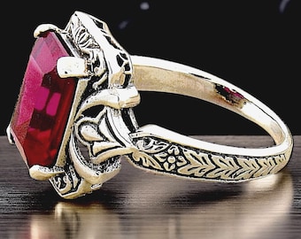 Vintage 4.50 Carat Lab Ruby Ring Filigree 925 Sterling Silver Solitaire   480