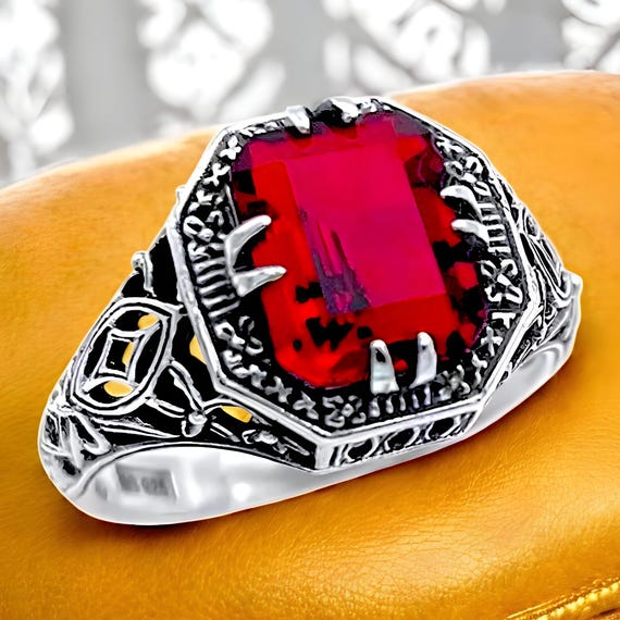 Vintage Sim. Ruby Ring: 925 Sterling Silver Filig… - image 1