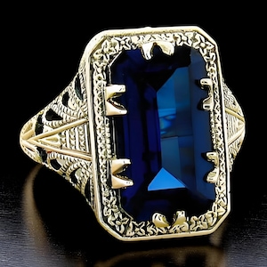 Vintage 7 Carat Royal Blue Sim. Sapphire Ring: 925 Sterling Silver Filigree, September Birthstone 101