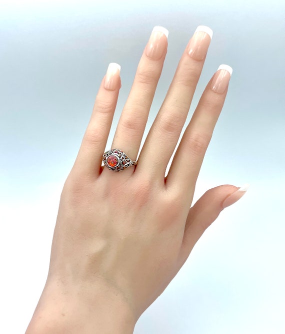 Red Fire Opal Dome Filigree Ring In 925 Solid Ste… - image 3