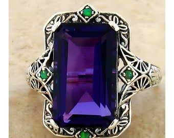 Vintage Filigree 925 Sterling Silver Ring 6 Carat Amethyst & Green Fire Opal 301