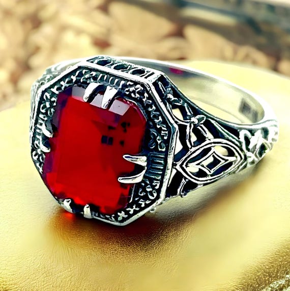 Vintage Sim. Ruby Ring: 925 Sterling Silver Filig… - image 3