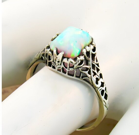 Vintage Estate Opal Solitaire Filigree Ring In 92… - image 1