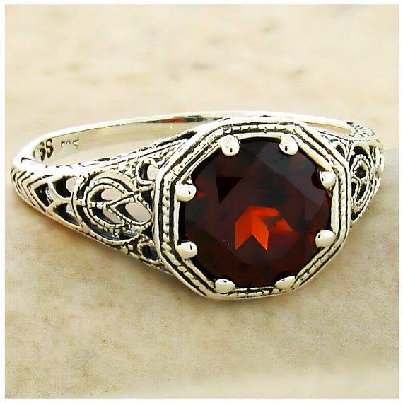 Vintage Estate Natural Garnet Filigree Ring In 92… - image 1