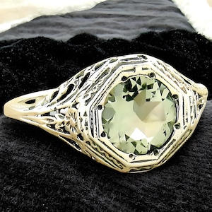 Vintage Natural Green Amethyst Ring, Solitaire Filigree Design, 925 Solid Sterling Silver,Elegant Birthday Gift,Genuine Gemstone Jewelry 192