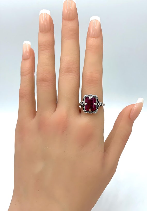 Vintage Simulated Ruby Ring: 925 Sterling Silver … - image 3