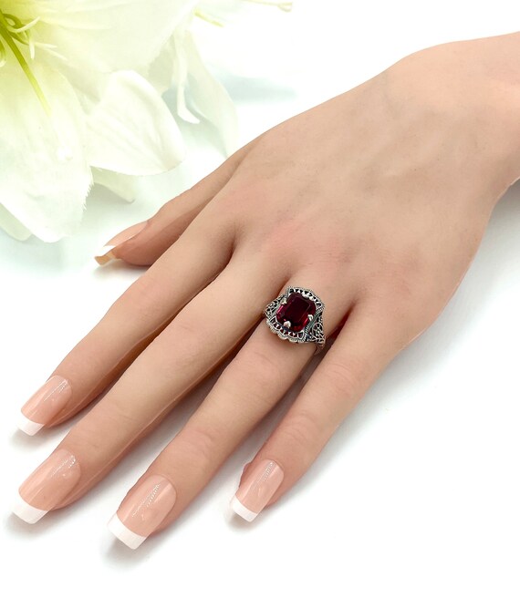Vintage Vivid Red Sim. Ruby Ring: 925 Sterling Si… - image 2