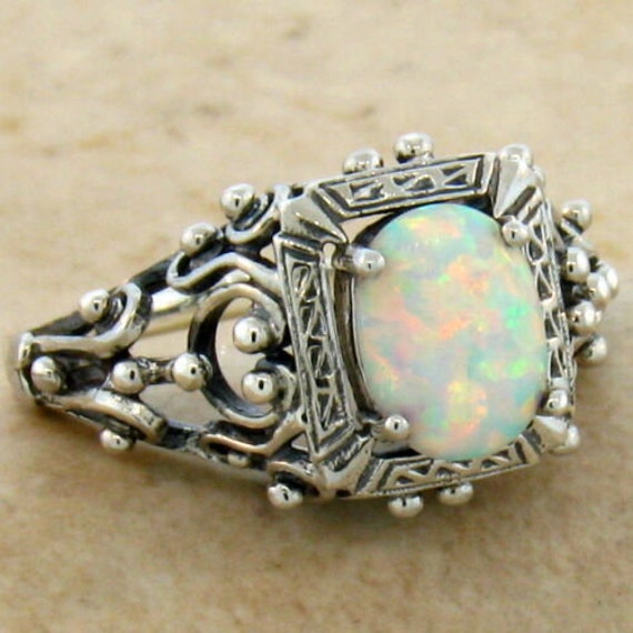 Vintage Estate Opal Solitaire Filigree Ring In 92… - image 2