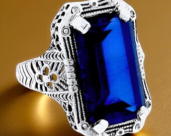 Vintage 9 Carat Royal Blue Lab Sapphire Filigree Ring: 925 Sterling Silver Solitaire 036