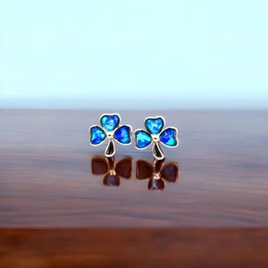 Tiny Sterling Silver Blue Opal Clover Studs, Rhodium Plated 7mm Earrings, Dainty Lucky Charm Jewelry,Perfect Birthday or Christmas Gift 1827