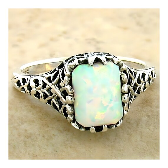 Vintage Estate Opal Solitaire Filigree Ring In 92… - image 2