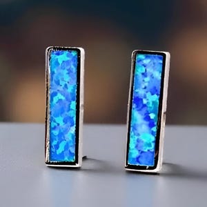 Tiny 925 Sterling Silver Blue Opal Bar Studs, Rhodium Plated 10mm Minimalist Earrings, Elegant Daily Accessory, Great Birthday Gift 1833