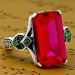 Vintage Filigree 7 Ct. Lab Ruby Ring Green Fire Opal 925 Sterling Silver 492