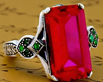 Vintage Filigree 7 Ct. Lab Ruby Ring Green Fire Opal 925 Sterling Silver 492