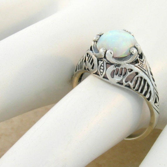 Vintage Estate Opal Solitaire Filigree Ring In 92… - image 1