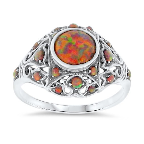 Red Fire Opal Dome Filigree Ring In 925 Solid Ste… - image 1