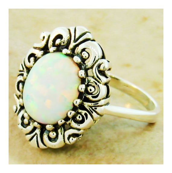Vintage Opal Flower Ring in Solid Sterling Silver 