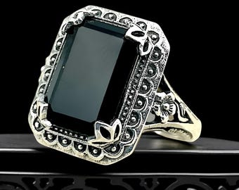 Vintage Black Agate Filigree Ring: 925 Sterling Silver Solitaire 1300