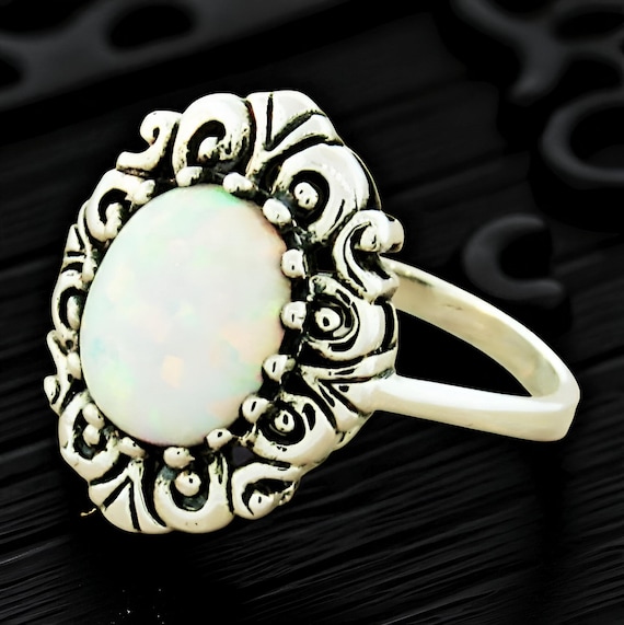Vintage Opal Flower Ring: Sterling Silver Filigre… - image 3