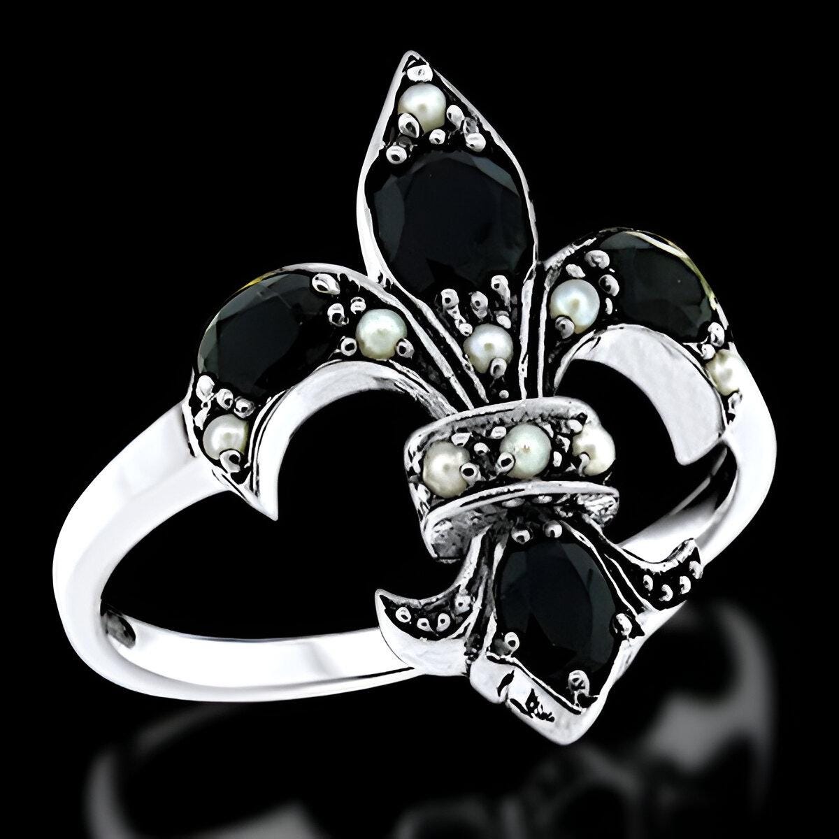 Anello Vintage Argento 925 Massiccio Con Agata Nera E Perle | Motivo Fleur-de-Lis | Gioiello Fleur 593