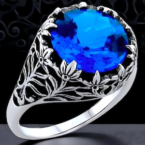 Vintage 4 Carat London Blue Topaz Ring: Floral Filigree 925 Sterling Silver Solitaire 338