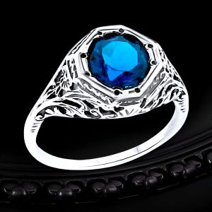 Anillo vintage de topacio azul natural de Londres de 1,5 quilates: solitario de filigrana de plata de ley 925 098