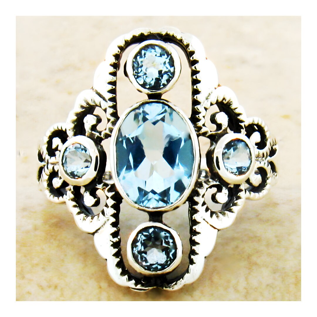 Vintage Natural Sky Blue Topaz Flower Ring in 925 Solid Sterling Silver ...