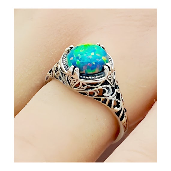 Vintage Estate Black Opal Solitaire Filigree Ring… - image 2