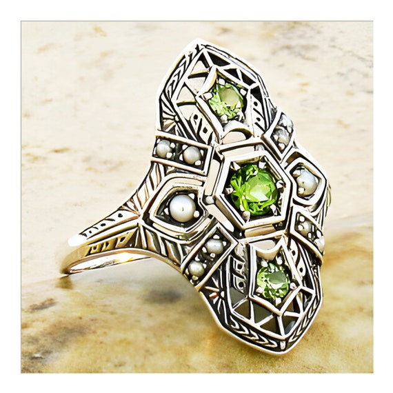 Natural Peridot & Pearl Filigree Vintage Ring In … - image 4