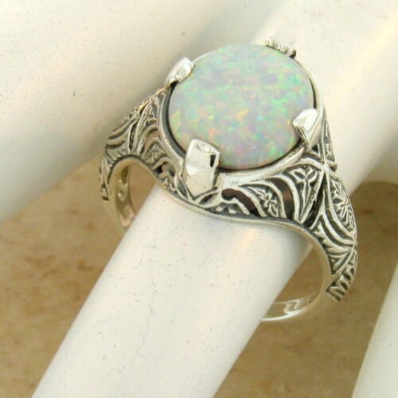 Vintage Estate Opal Solitaire Filigree Ring In 92… - image 1