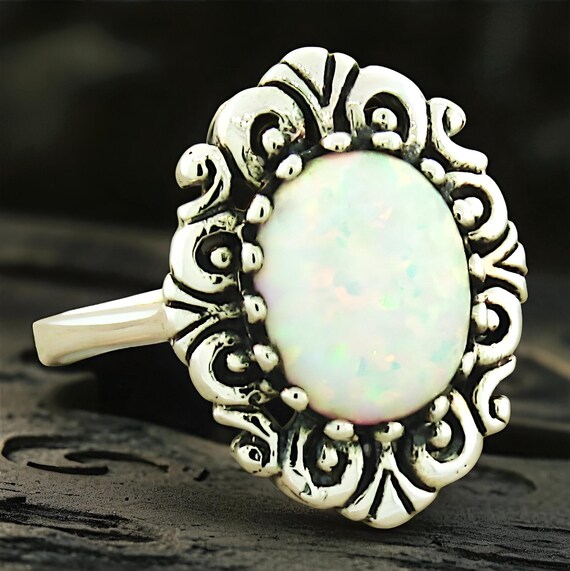 Vintage Opal Flower Ring: Sterling Silver Filigre… - image 2