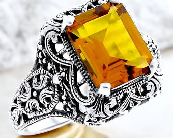 Vintage 4 Carat Citrine Solitaire Ring: Filigree 925 Sterling Silver, November Birthstone 568