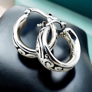 Filigree Sterling Silver Hoops,925 Latch Back Earrings,Lightweight Daily Wear,Birthday Gift Present, Perfect Accessory for Any Occasion 1408