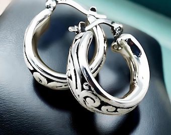 Filigree Sterling Silver Hoops,925 Latch Back Earrings,Lightweight Daily Wear,Birthday Gift Present, Perfect Accessory for Any Occasion 1408