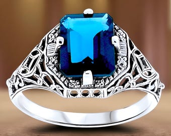Vintage London Blue Topaz Filigree Ring: 925 Sterling Silver, December Birthstone 045