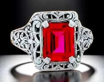 Vintage 5.00 Carat Vivid Red Lab Ruby Solitaire Ring, Filigree Design in 925 Sterling Silver, Perfect Engagement or Anniversary Gift  015