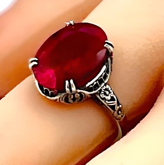 Deep Red Sim. Ruby Ring: 925 Sterling Silver Fili… - image 2
