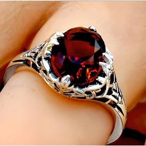 Ring Sizes 5-10 Vintage Vivid Red Garnet In 925 Solid Sterling Silver Solitaire Filigree Ring, January Birthstone Gift                  1184