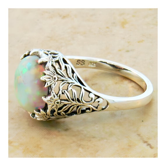 Vintage Estate Opal Solitaire Filigree Ring In 92… - image 2